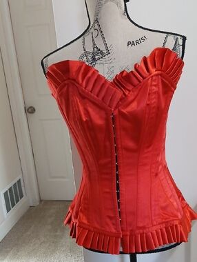 Authentic Steel Boned Red Satin Strapless Corset Bustier with Pleated Trim